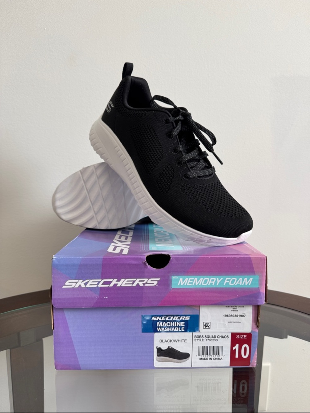 Skechers Women’s BOBS Squad Chaos Black and White Lace-Up Memory Foam Sneakers